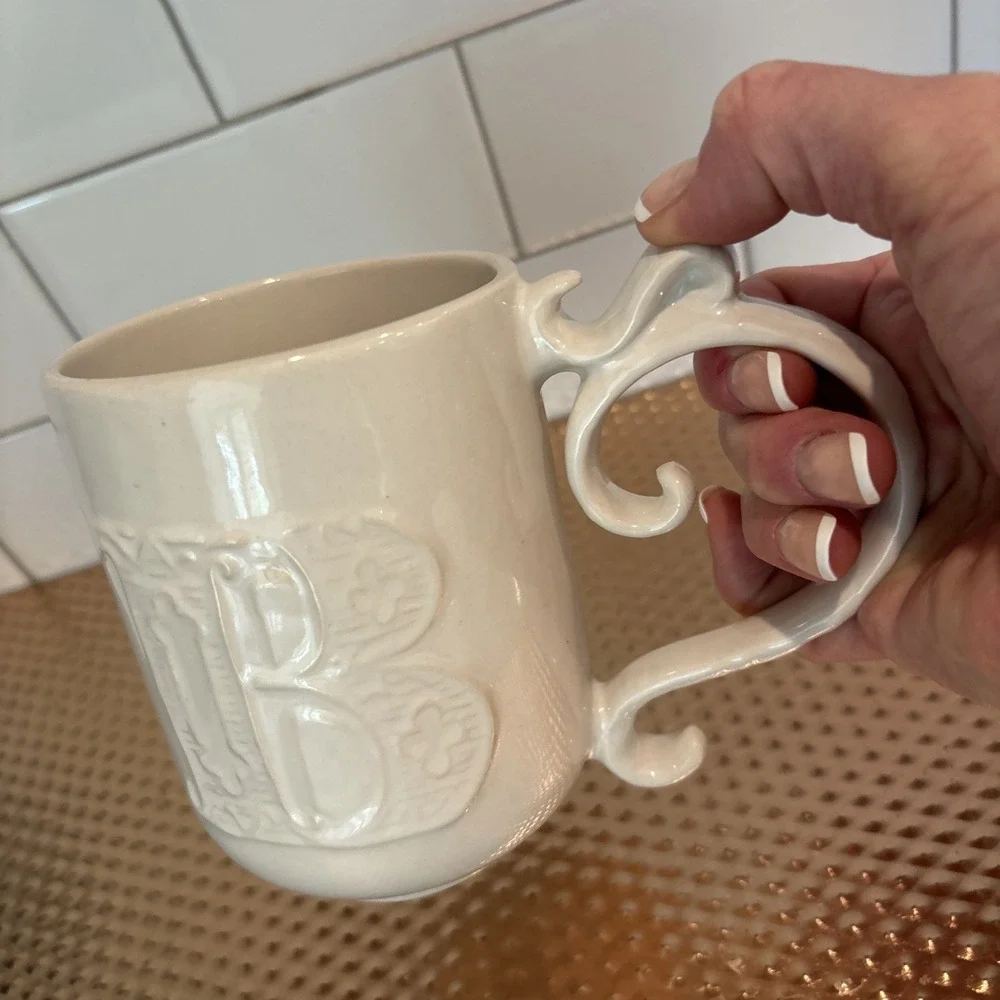 Pottery Barn A-Z Monogram Raised Letter B Coffee Tea Cup Mug Ornate Handle Ivory